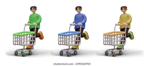 Cheerful young man with empty shopping cart. Concept of shopper. Set of options in different colors. Realistic male character is shopping. Templates for online store