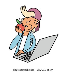 A cheerful young man enjoying an apple while working on his laptop, symbolizing a healthy lifestyle and productivity