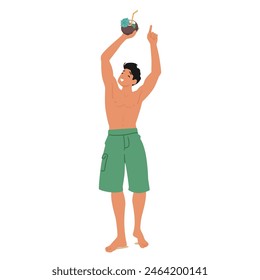 Cheerful Young Man Enjoys Sunny Beach Party, Raising A Tropical Drink With Enthusiasm. Shirtless Character Wearing Green Board Shorts, Expressing Joy And Vacation Vibes. Cartoon Vector Illustration