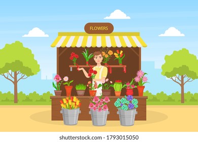 Cheerful Young Man Florist in Apron Selling Bouquets of Flowers at Outdoor Flower Shop Flat Vector Illustration