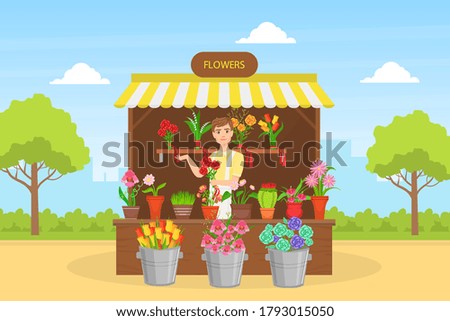 Cheerful Young Man Florist in Apron Selling Bouquets of Flowers at Outdoor Flower Shop Flat Vector Illustration