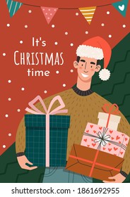 A cheerful young man with gifts congratulates on the holiday. Christmas vertical card.