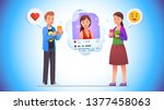 Cheerful young man giving like love heart to social network photo post of smiling woman on his phone app. Woman responds with smile emoticon. Communication concept. Flat vector character illustration