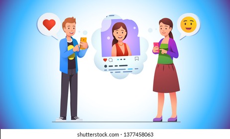 Cheerful young man giving like love heart to social network photo post of smiling woman on his phone app. Woman responds with smile emoticon. Communication concept. Flat vector character illustration