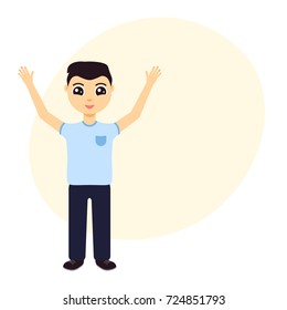 Cheerful young man with hands up on white background. Winner with raised hands. Concept of success, leadership and achievement. Vector illustration.