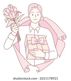 Um jovem alegre segurando um buquê de flores vibrantes e um presente atencioso para qualquer ocasião especial