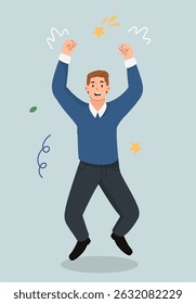 Cheerful young man jumping with arms raised in joy, flat cartoon style on light blue background. Concept of success, celebration, and achievement. Vector illustration