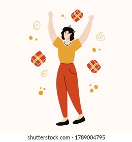 Cheerful young man jumping and smiling. Isolated vector man. Colorful illustration - orange and red colors. The boy received a gift. Happiness and fun.