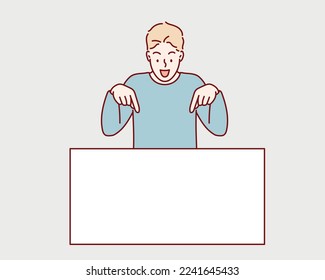 Cheerful Young  man Leaning And Pointing Down At Blank White Advertisement Board With Two Fingers.  Hand drawn style vector design illustrations.