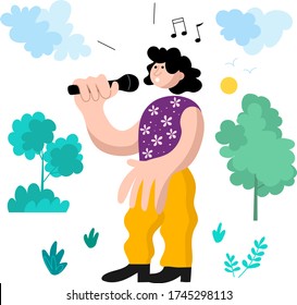 Cheerful young man with microphone singing song outside on a sunny day.