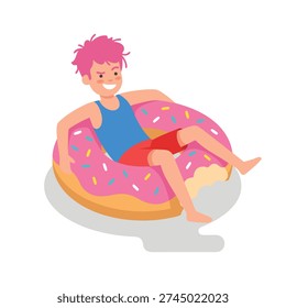 A cheerful young man with pink hair enjoys a summer day, lounging on a large, pink-frosted donut-shaped inflatable in the water.