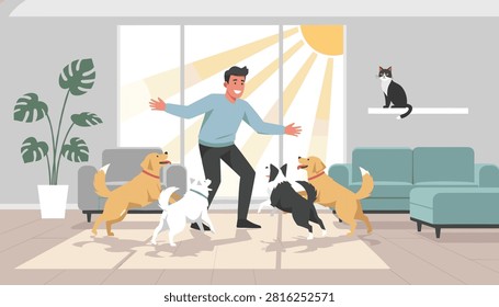 Cheerful young man playing with his four excited dogs inside a modern cozy living room with a cat watching from a shelf.