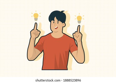 A cheerful young man pointing at idea concept for banner, poster, website, etc.
