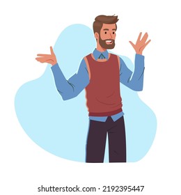 Cheerful young man with positive facial expression raising hands happily. Smiling adult guy person cartoon character wearing casual clothes standing with open arms gesture. Happiness flat vector illus