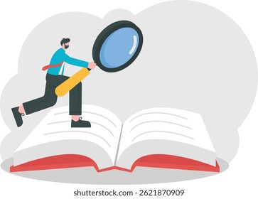 Cheerful young man reading a book with magnifying glass. Student, books reader or researcher. Studying concepts. Online learning or e-learning. search and communication. vector illustration.
