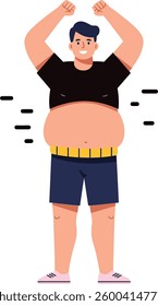 A cheerful young man with a round belly stands proudly, arms lifted in celebration, exuding confidence and positivity in a minimalistic vector design.