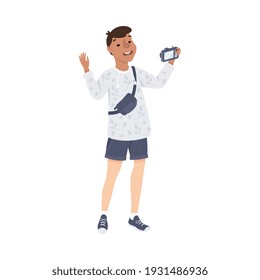 Cheerful Young Man Sightseeing and Photographing, Tourist Guy Visiting New Countries and Travelling on Summer Vacation Cartoon Vector Illustration
