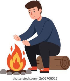 A cheerful young man sits on a wooden log, warming his hands over a flickering campfire, creating a relaxed and inviting outdoor atmosphere.