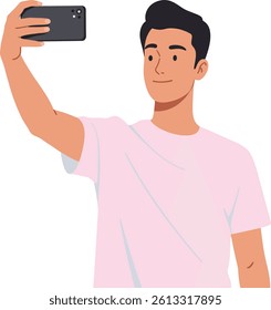 A cheerful young man smiles while capturing a selfie with his smartphone, radiating a fun and modern vibe in a minimalist design.