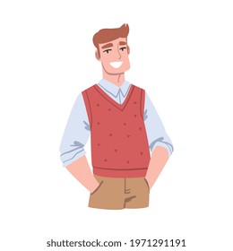 Cheerful Young Man, Smiling Guy with Happy Face Expression, Human Emotions and Feelings Concept Cartoon Vector Illustration