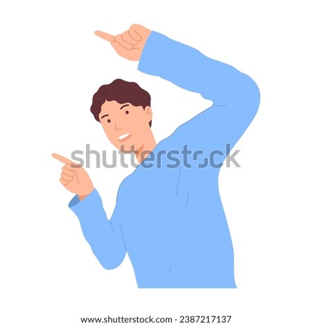 Cheerful young man smiling with toothy smile pointing finger at copy space for advertising or alternative suggestions. vector character illustration. Isolated on white background. 