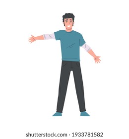 Cheerful Young Man Standing with Wide Open Hands, Welcome, Solidarity, Friendship and Charity Concept Cartoon Style Vector Illustration