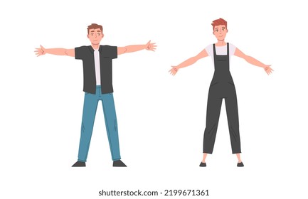 Cheerful Young Man Standing with Wide Open Arms as Welcome and Solidarity Gesture Vector Set