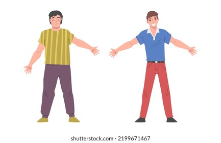 Cheerful Young Man Standing with Wide Open Arms as Welcome and Solidarity Gesture Vector Set