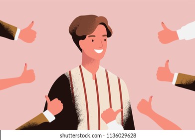 Cheerful young man surrounded by hands demonstrating thumbs up gesture. Concept of public approval, positive opinion, respect, recognition, honor and appreciation. Flat cartoon vector illustration