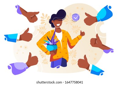 Cheerful young man surrounded by hands demonstrating thumbs up gesture. Concept of public approval, positive opinion, respect, recognition, honor and appreciation. Flat cartoon vector illustration