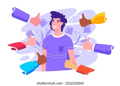 	
Cheerful young man surrounded by hands with thumbs up. Concept of public approval, acknowledgment by audience, positive opinion, recognition. Colored vector illustration in flat cartoon style