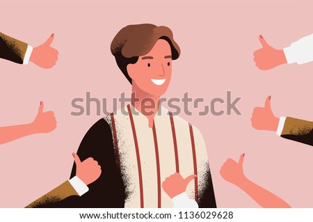 Cheerful young man surrounded by hands demonstrating thumbs up gesture. Concept of public approval, positive opinion, respect, recognition, honor and appreciation. Flat cartoon vector illustration