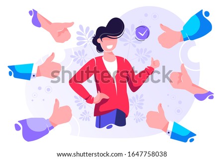 Cheerful young man surrounded by hands demonstrating thumbs up gesture. Concept of public approval, positive opinion, respect, recognition, honor and appreciation. Flat cartoon vector illustration