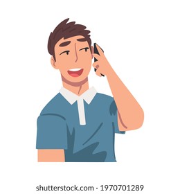 Cheerful Young Man Talking on Phone, Guy Communicating Using Smartphone Cartoon Vector Illustration
