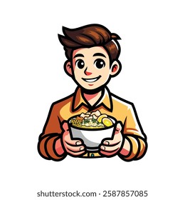 A cheerful young man wearing a yellow shirt, holding a bowl of steaming Indonesian chicken porridge (Bubur Ayam) topped with shredded chicken, fried shallots, green onions, crackers, and a boiled egg