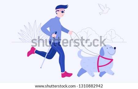 Cheerful young man with white cane and his guide dog are running around in the park. Vision impairment concept. Colorful vector illustration for web and printing.