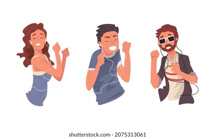 Cheerful Young Man and Woman with Earphones Listening to Music and Audio Track in His Player Vector Set