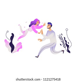 Cheerful young man and woman giving high five in jump smiling on abstract floral background. Cute male, female characters having fun, expressing symbol of friendship, cooperation. Vector illustration