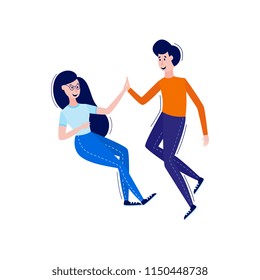 Cheerful young man and woman in glasses giving high five smiling. Cute male, female characters having fun, expressing symbol of friendship, cooperation. Vector illustration