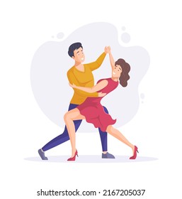 Cheerful young man and woman performing tango passionately. Couple of cheerful dancers dancing at party, school, dance studio, contest or show flat vector