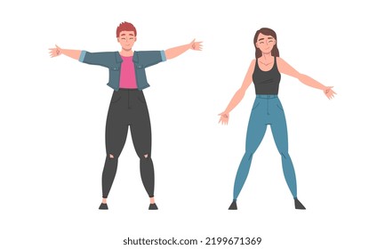 Cheerful Young Man and Woman Standing with Wide Open Arms as Welcome and Solidarity Gesture Vector Set