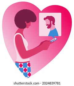 Cheerful young multicultural couple where woman and man talk to each other on smartphone. Romantic illustration of mixed couple on big heart