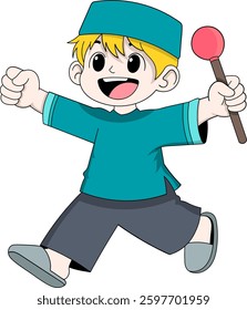 A cheerful young Muslim boy wearing a blue traditional outfit and cap joyfully runs while holding a red drumstick