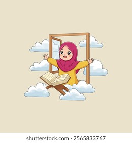 A cheerful young Muslim girl in a hijab joyfully reads the Quran from an open window surrounded by clouds.