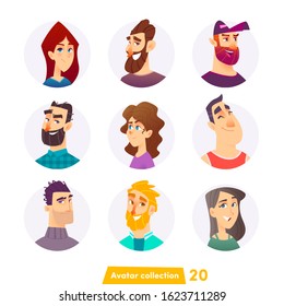 Cheerful young people avatar collection. User faces. Trendy modern style. Flat Cartoon Character design.