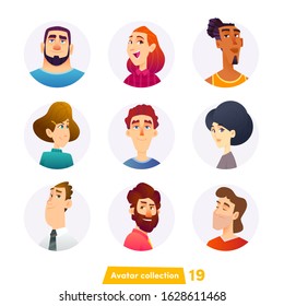 Cheerful young people avatar collection. User faces. Trendy modern style. Flat Cartoon Character design.