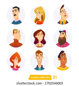 Cheerful young people avatar collection. User faces. Trendy modern style. Flat Cartoon Character design.