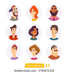 Cheerful young people avatar collection. User faces. Trendy modern style. Flat Cartoon Character design.