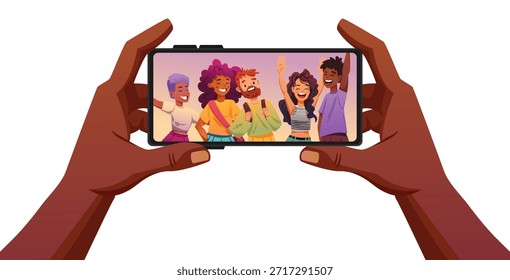 Jóvenes alegres que capturan el momento del selfie del grupo, amigos sonrientes que se abrazan mientras sostienen el dispositivo móvil, Ilustración vectorial plana del concepto de Fotografía de redes sociales
