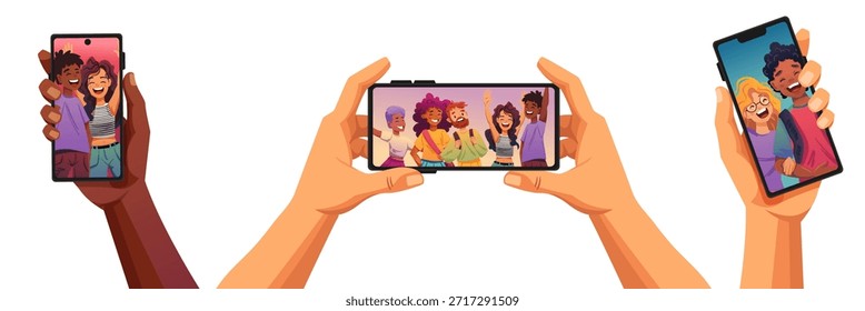 Cheerful young people capturing group selfie moment, smiling friends embracing while holding mobile device, flat vector illustration of social media photography concept